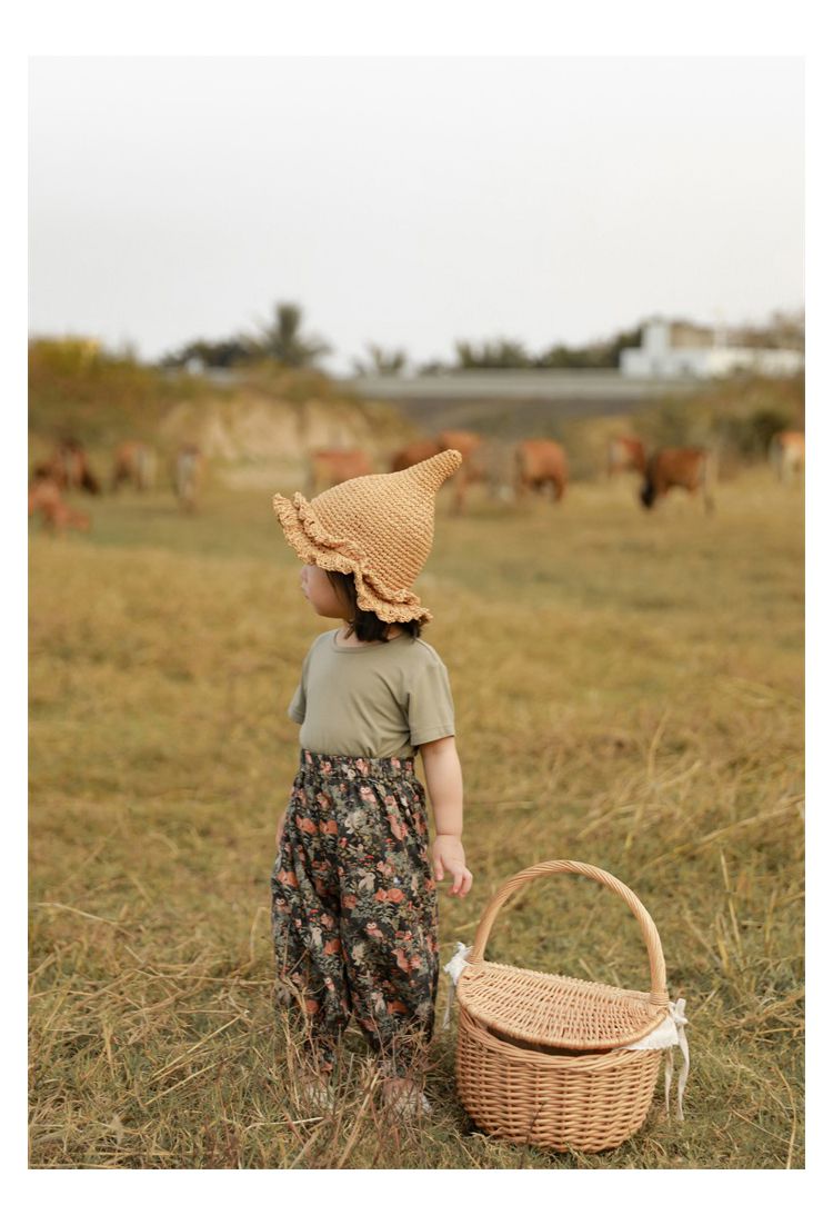 荷葉邊束口防蚊褲-滿版花花-黃色