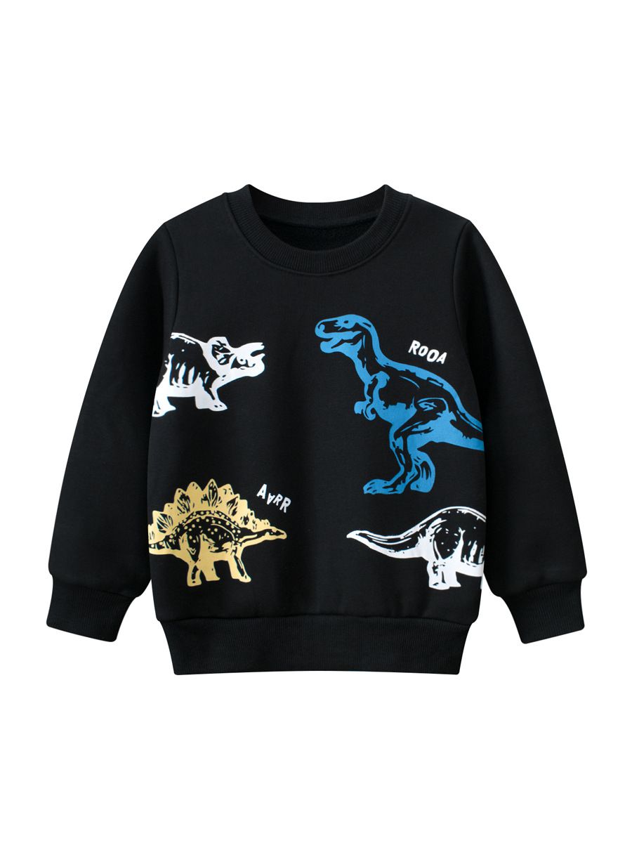 加絨棉質圓領長袖上衣/大學T-恐龍-黑色