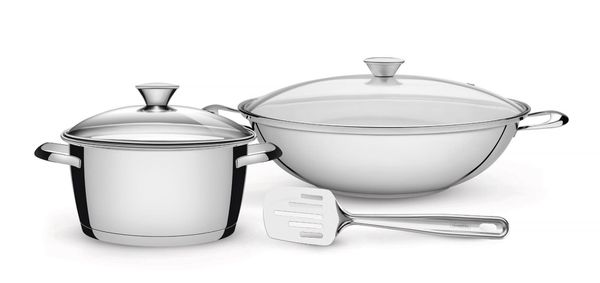 TRAMONTINA - 巴西百年品牌316不鏽鋼健康鍋具三件組 (34cm炒鍋附蓋+20cm湯鍋附蓋+不鏽鋼鍋鏟)