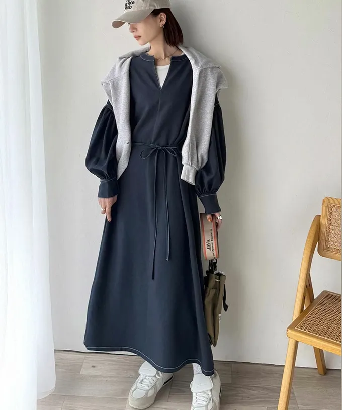 日本 Classical Elf - 鑰匙領氣質澎澎腰綁帶長袖洋裝-咖啡