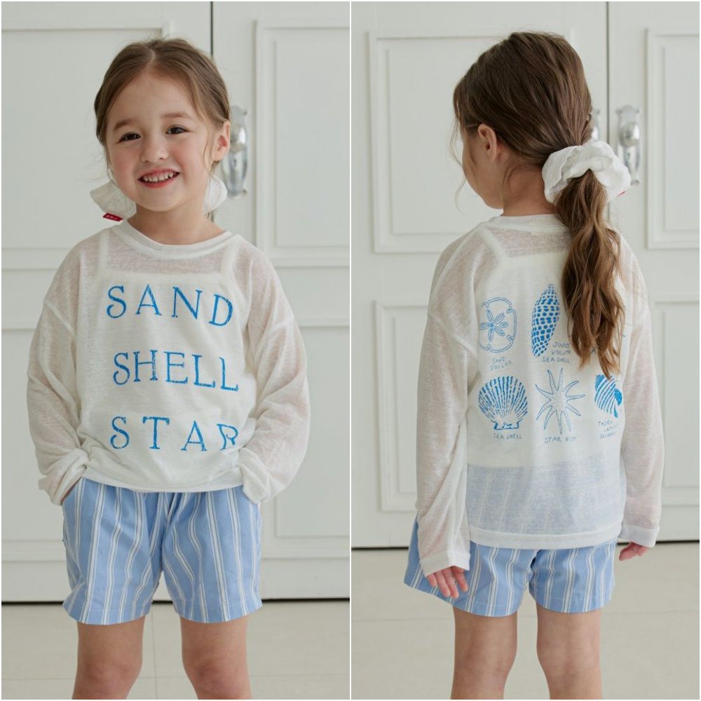 ERINJ 夏日透膚感長袖上衣-字母X貝殼-白