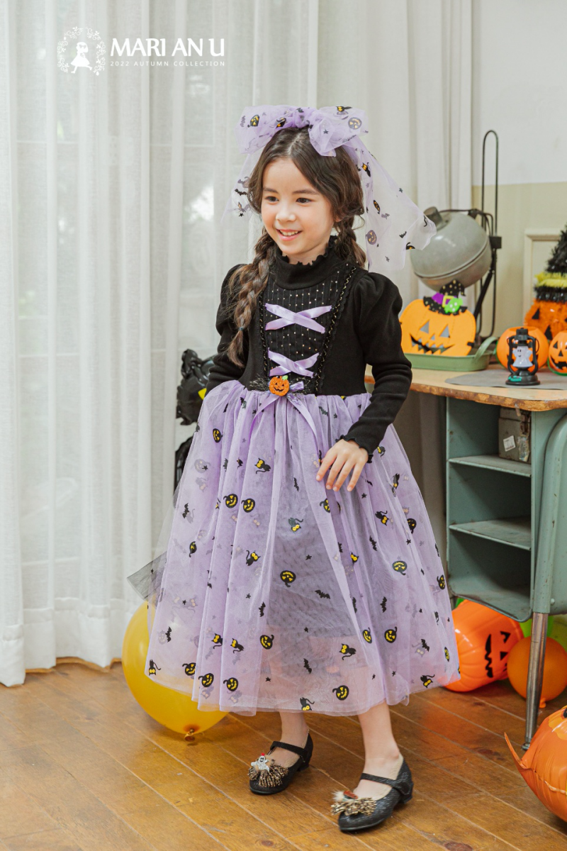 韓國 Mari an u - 萬聖節魔女南瓜網紗洋裝-黑X紫