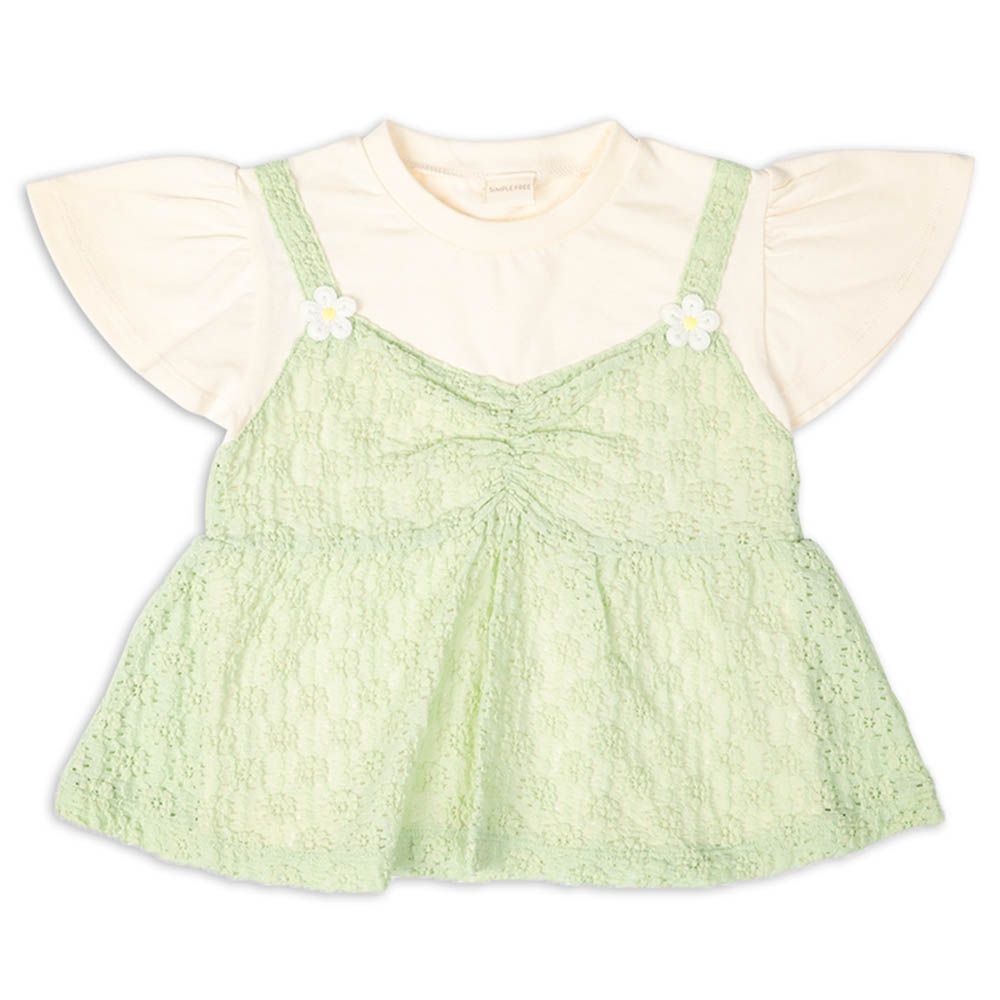 短袖假兩件T恤-緹花-綠色