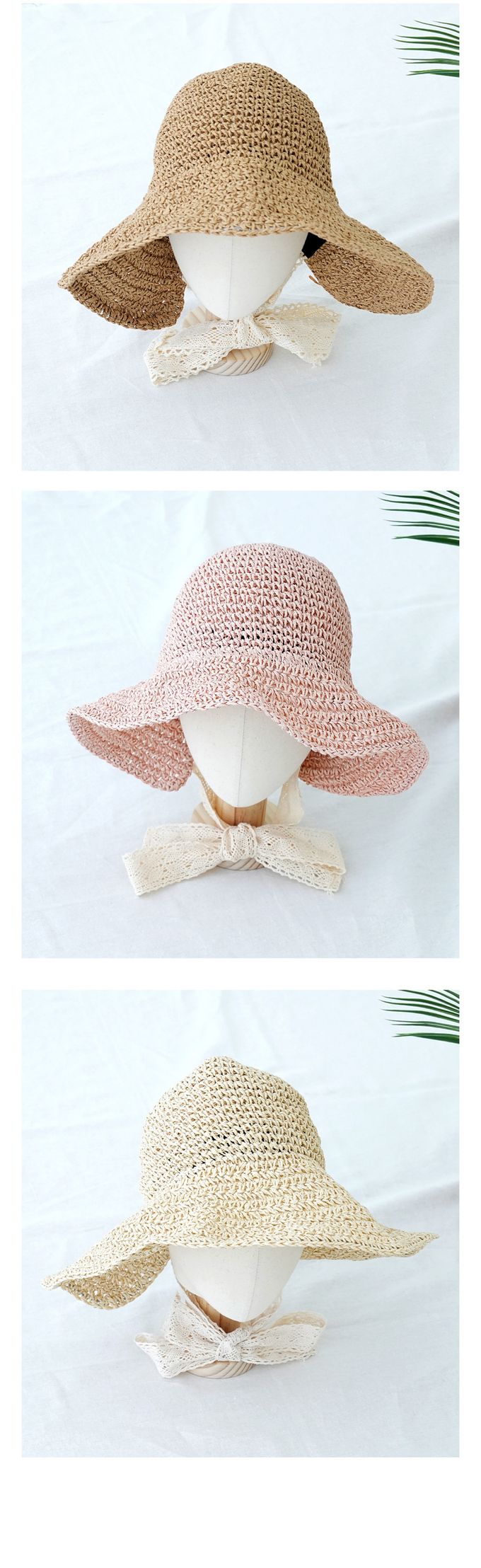 韓國 Soo&Soo - 蕾絲緞帶裝飾編織遮陽帽-奶茶咖