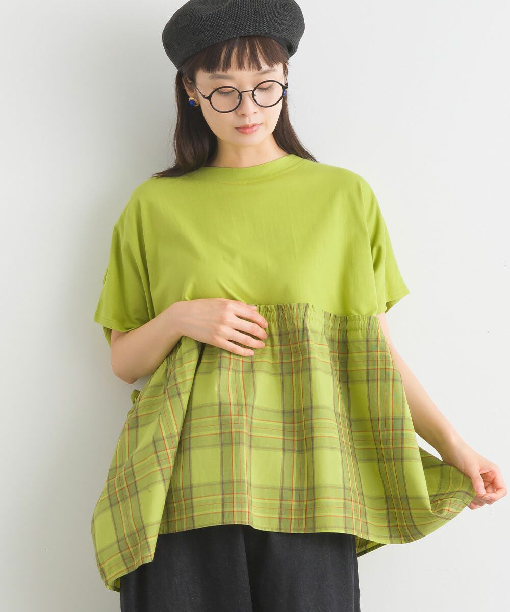 日本女裝代購 - 清新側綁帶拼接短袖上衣-卡其格紋