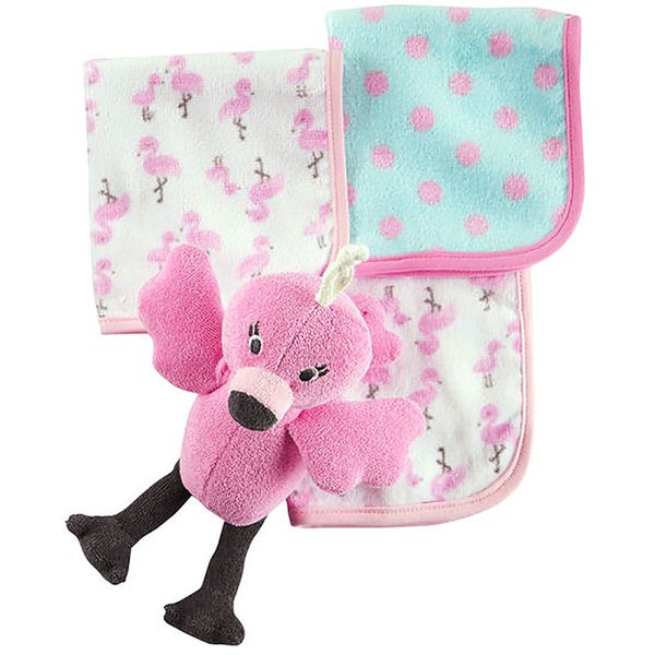 美國 Carter's - 嬰幼兒動物款式洗澡巾+洗澡手套四入組-火烈鳥