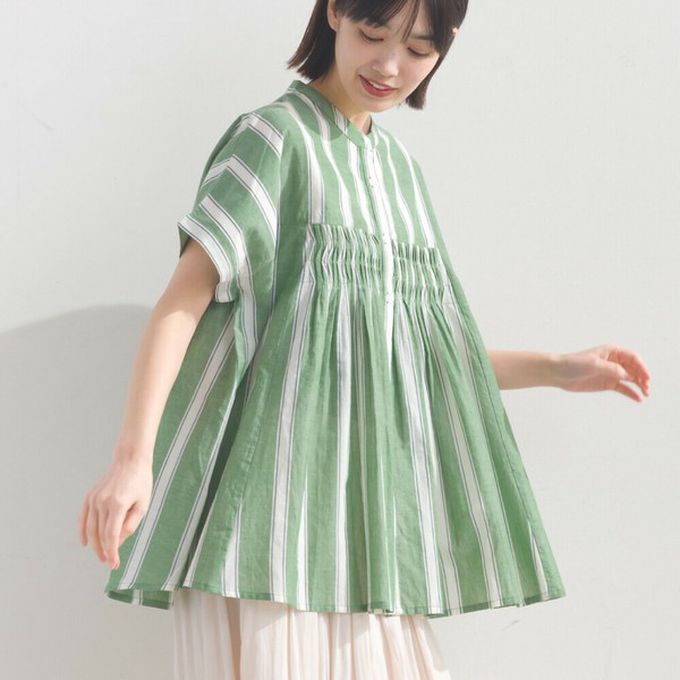 日本 OMNES - 100%印度棉 皺摺傘狀短袖襯衫-綠條紋
