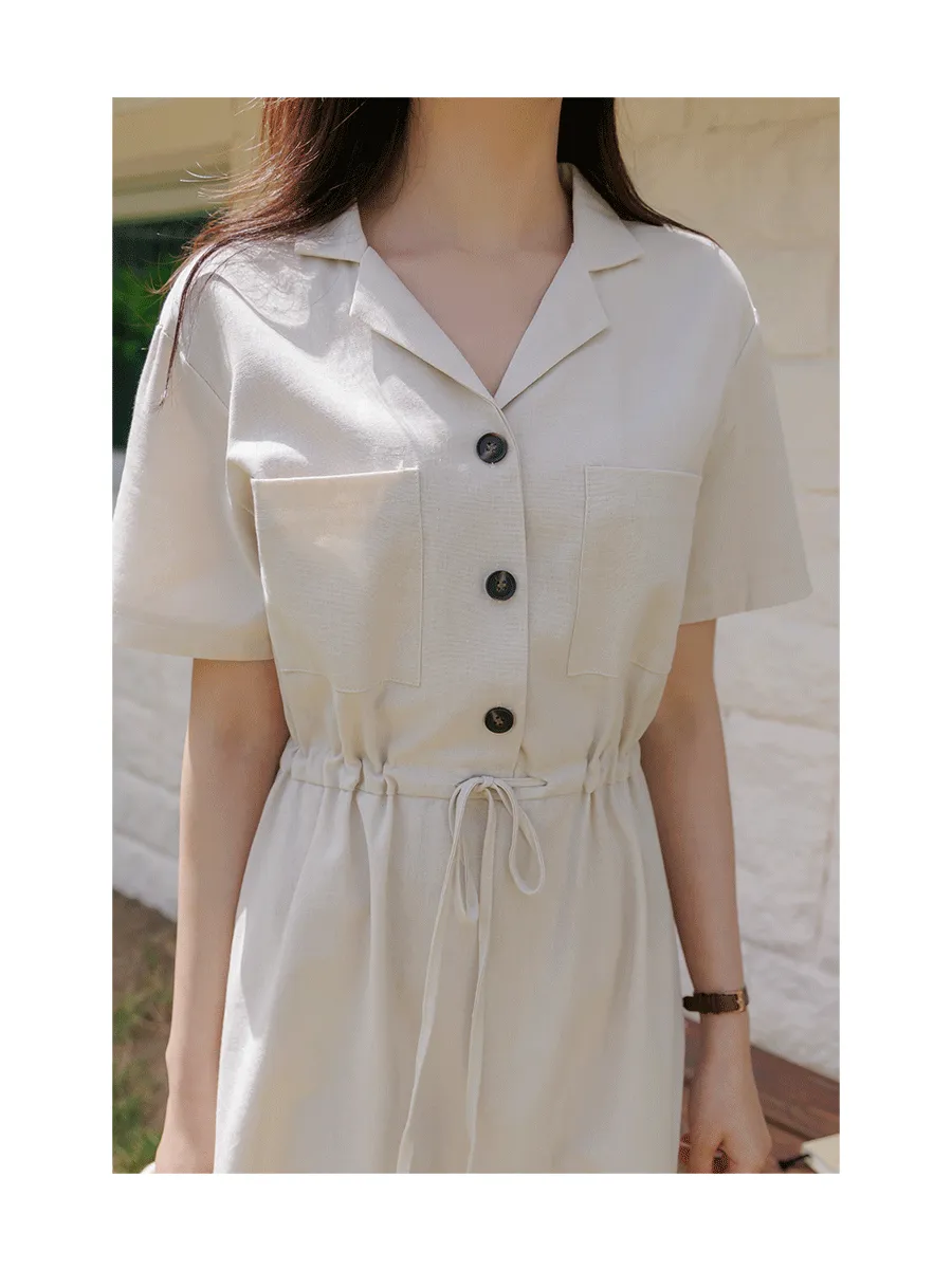 韓國 Urbantheroom - 氣質麻料小翻領縮腰洋裝-杏 (Free)