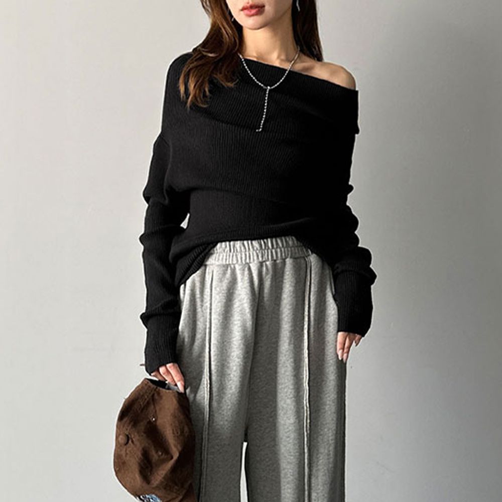 華麗一字領羅紋長袖上衣(指孔設計)-黑