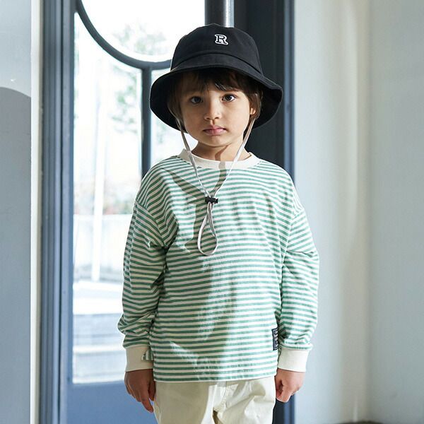 日本 b-ROOM - 100%棉 下擺品牌標籤條紋長袖上衣-黑