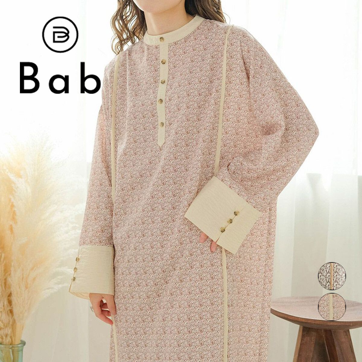 日本 Bab - 歐風碎花圓領雪紡洋裝-春日粉