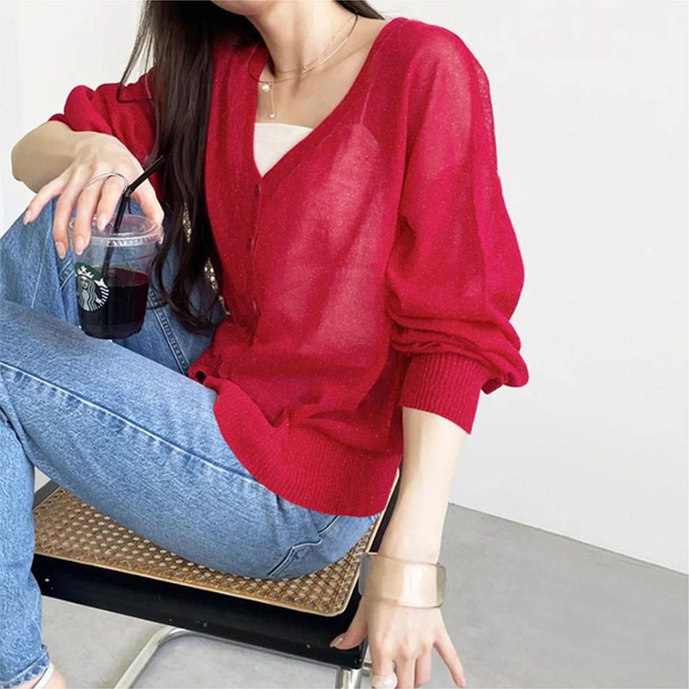 透膚柔軟針織開襟衫/小外套-紅 (F)