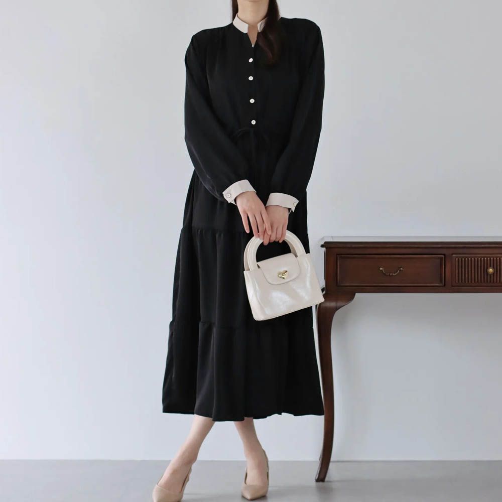 [人氣款]簡約抽繩收腰長袖洋裝-撞色袖-黑 (一般長)