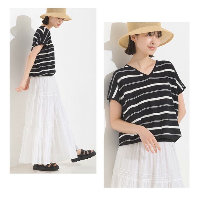 日本 OMNES - 接觸冷感 優雅小V領短袖上衣-棕色系條紋