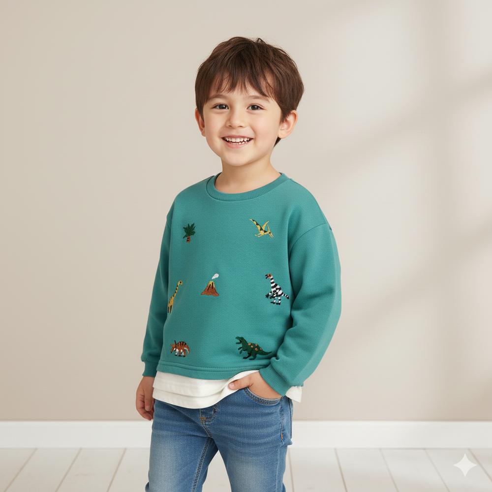 長袖假兩件休閒上衣-刺繡-綠色