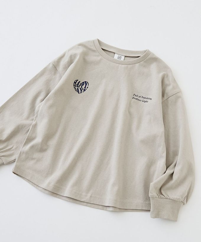 日本 devirock - 100%棉 定番女孩印花長袖上衣-胸前LOGO-灰杏