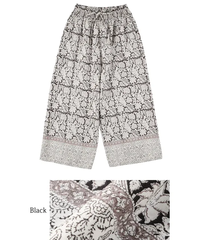 日本 COCA - 透氣印花修身寬褲-窗櫺印花-黑