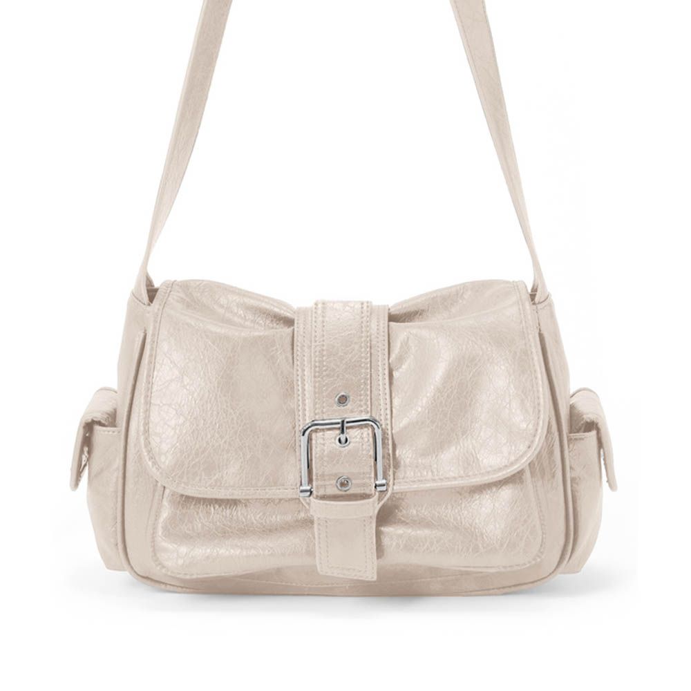 復古皮感紋理大容量郵差肩背包-米白 (F)