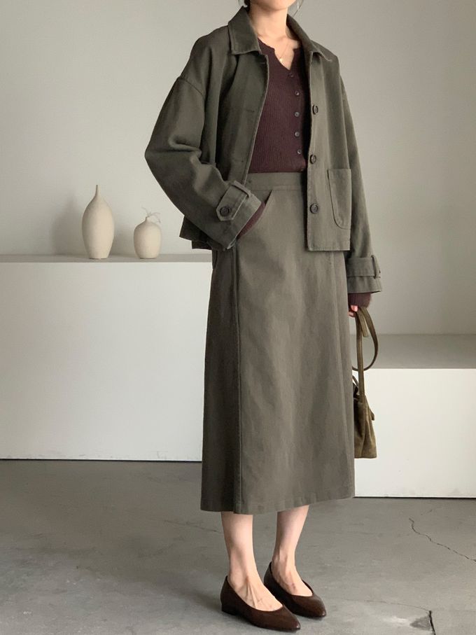 韓國女裝連線 - 後鬆緊鈕扣點綴A字長裙-灰軍綠 (FREE)