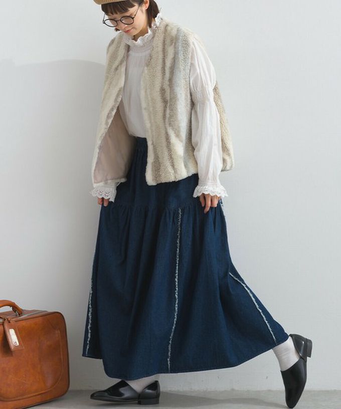 日本 Lupilien - 厚磅立體感線條澎澎長裙(附口袋)-黑色丹寧