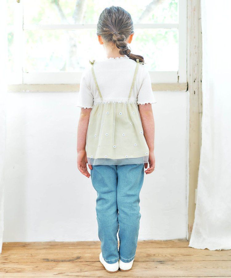 日本 apres les cours - 花朵刺繡拼接夢幻短袖上衣-嫩綠x黑