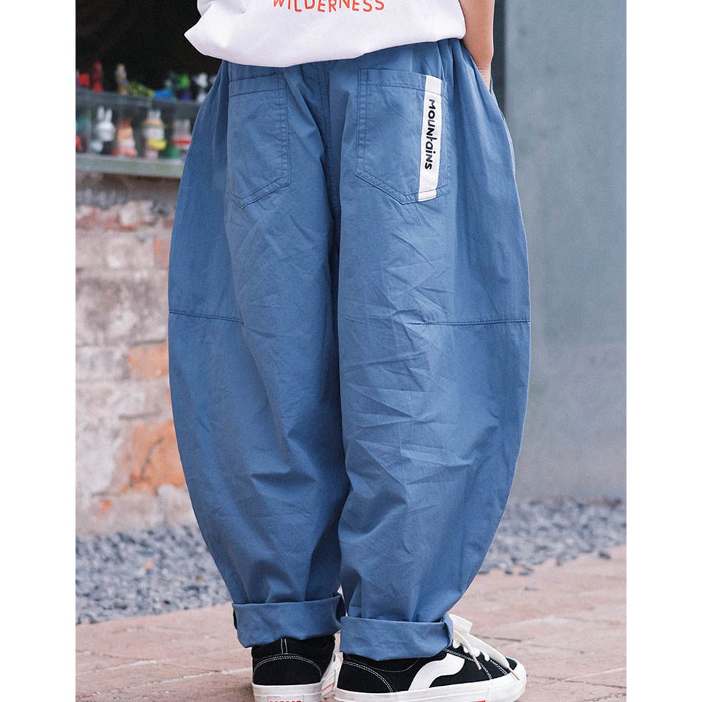 純棉腰鬆緊休閒長褲-口袋布標-藍色