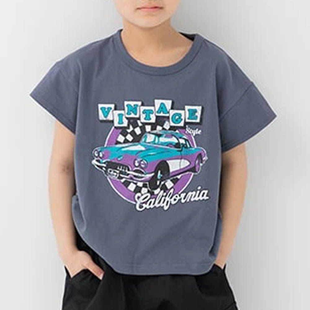 100%棉 印花柔軟短袖上衣-復古車車-炭灰