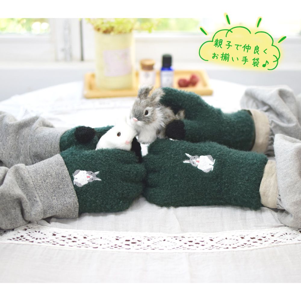 日本 TOMO - 兒童可觸控短絨保暖手套-小灰兔-墨綠