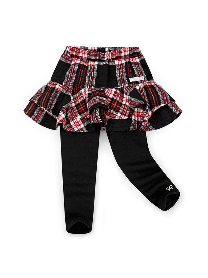 韓國 Jelispoon - 鬆緊腰雙色格紋層次內搭褲裙(內刷毛)-黑