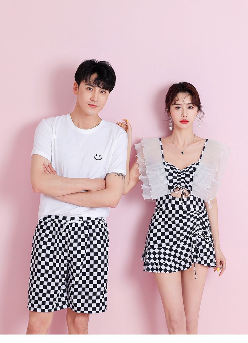 男士泳褲-格紋-黑+白