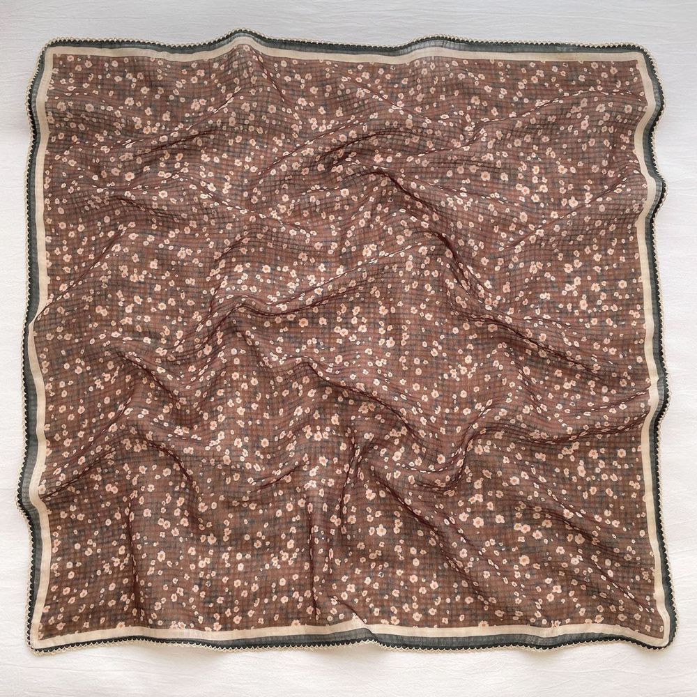 法式棉麻披肩方巾-清新小碎花-深棕色 (90x90cm)