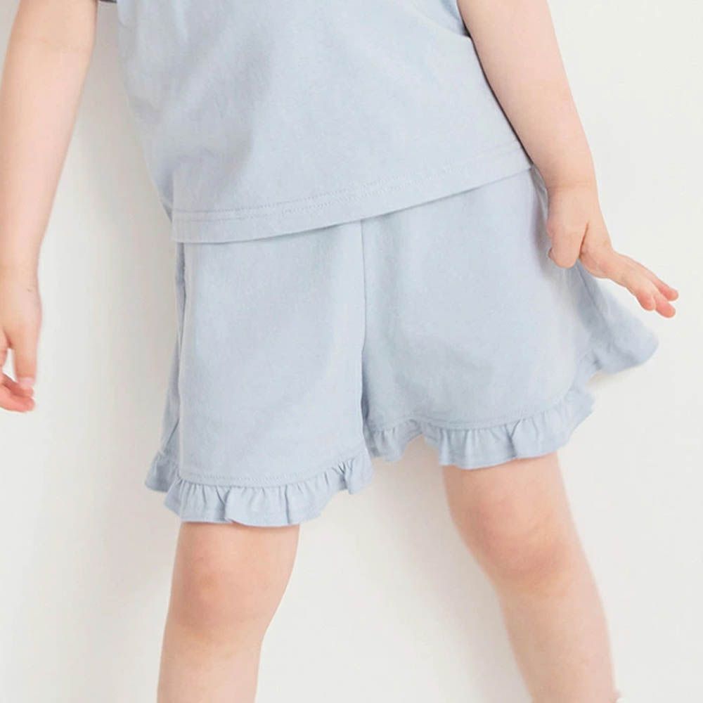 純棉荷葉邊女孩印花短褲-素面-水藍