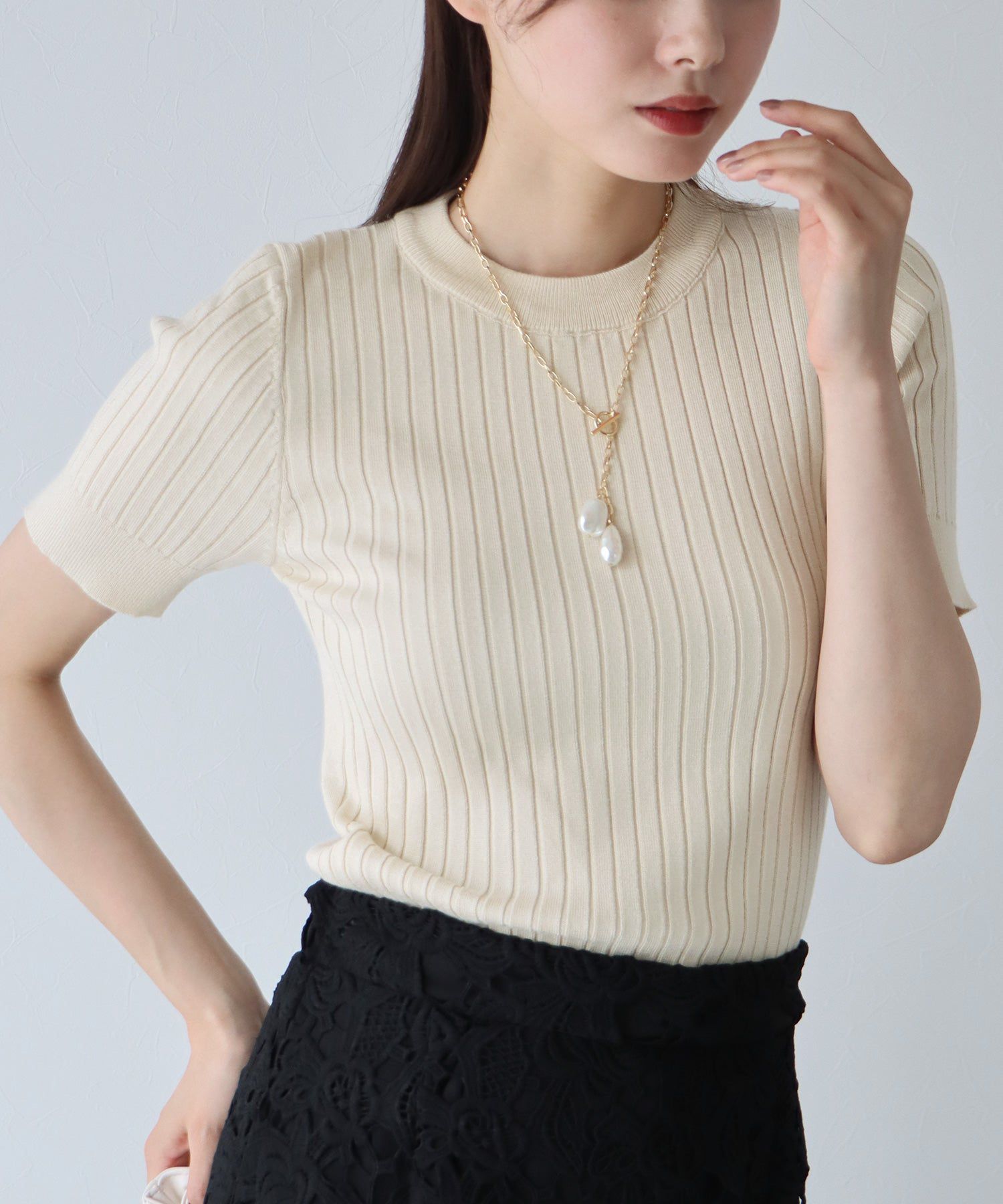 日本 BLUE EAST - 彈性寬羅紋薄針織短袖上衣-淺粉x白