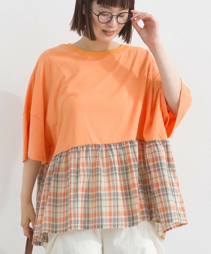 日本 Lupilien - 接觸涼感 可愛格紋休閒五分袖上衣-橘