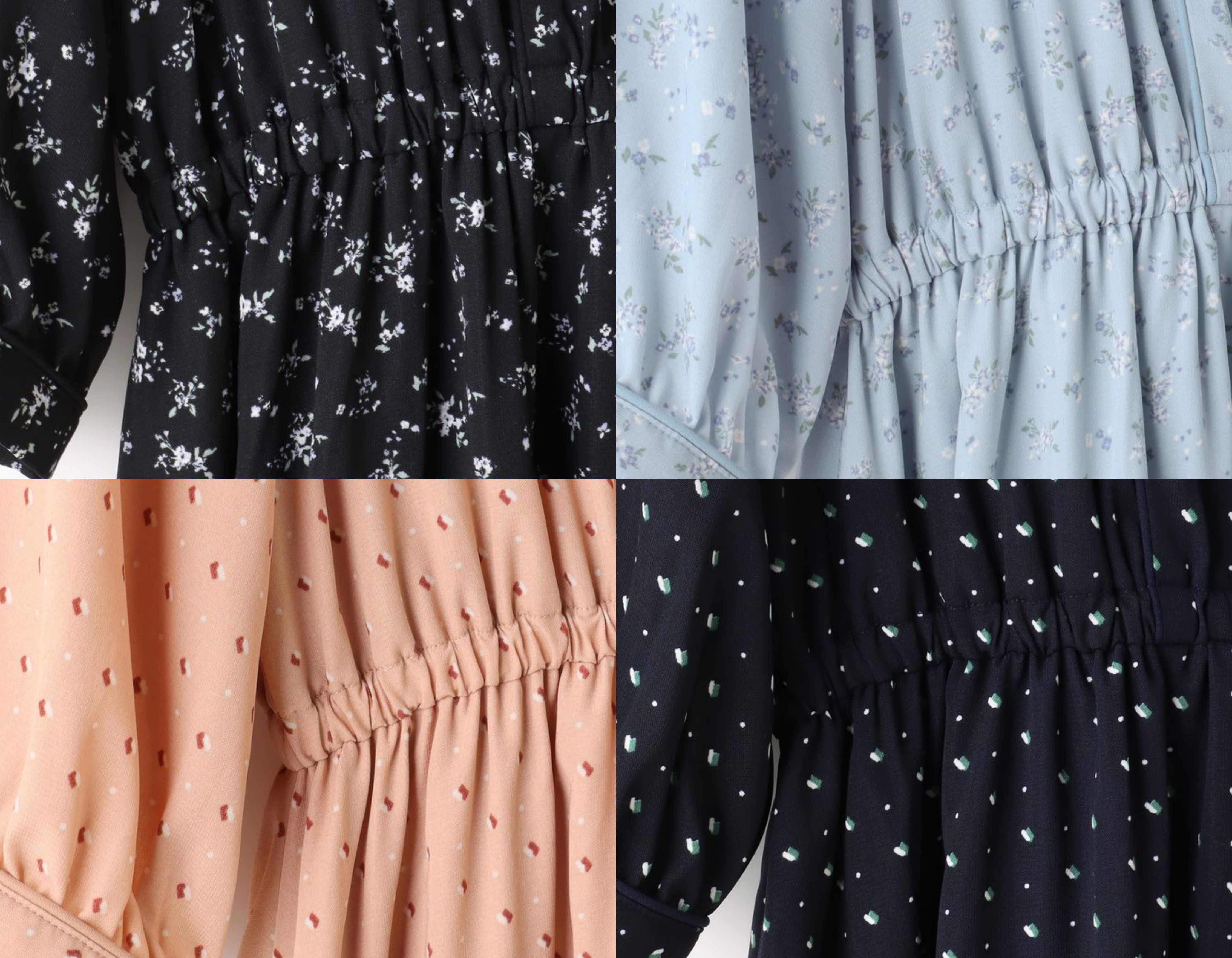 日本 Honeys - V領縮腰排釦七分袖雪紡洋裝-碎花-水藍