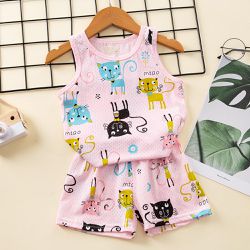 卡通網眼洞洞無袖家居服套裝/空調服-貓咪-粉色