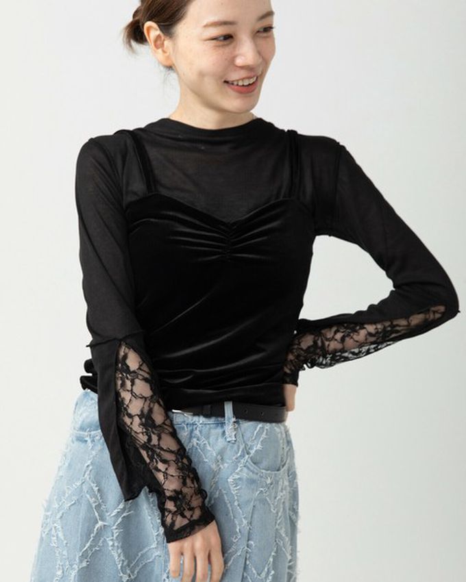 日本 gleam - 薄透合身蕾絲拼接長袖上衣-白