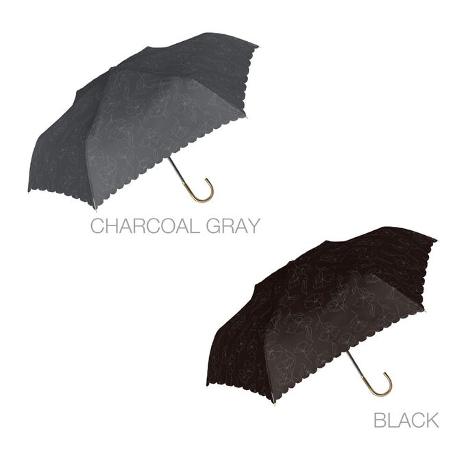 日本中谷 - 100%遮光 抗UV歐風波浪邊J型把手折疊傘-優雅花紋-簡約黑 (傘骨55cm)