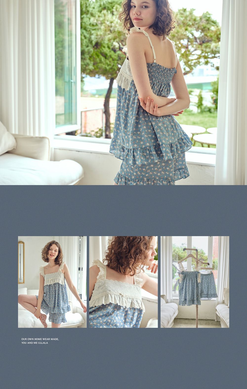 韓國 ULLALA - 蕾絲花邊無袖睡衣(兩件式)-藍 (FREE)