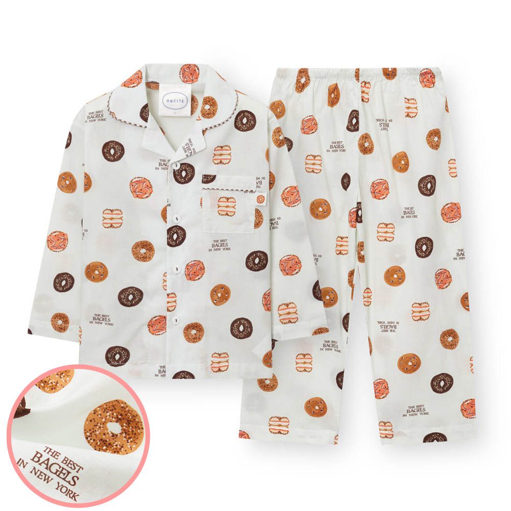 (男寶)透氣輕柔棉翻領長袖睡衣套裝-紐約貝果-淺灰綠