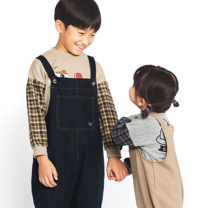 日本 ZOOLAND - 胸前大口袋舒適好穿吊帶褲-格紋內襯-海軍藍