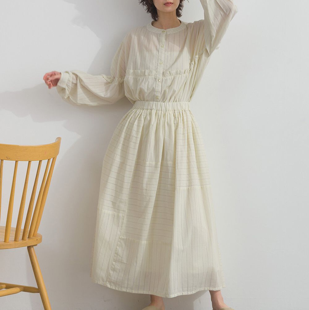 印度棉 交錯線條唯美緹花長裙-淺米黃