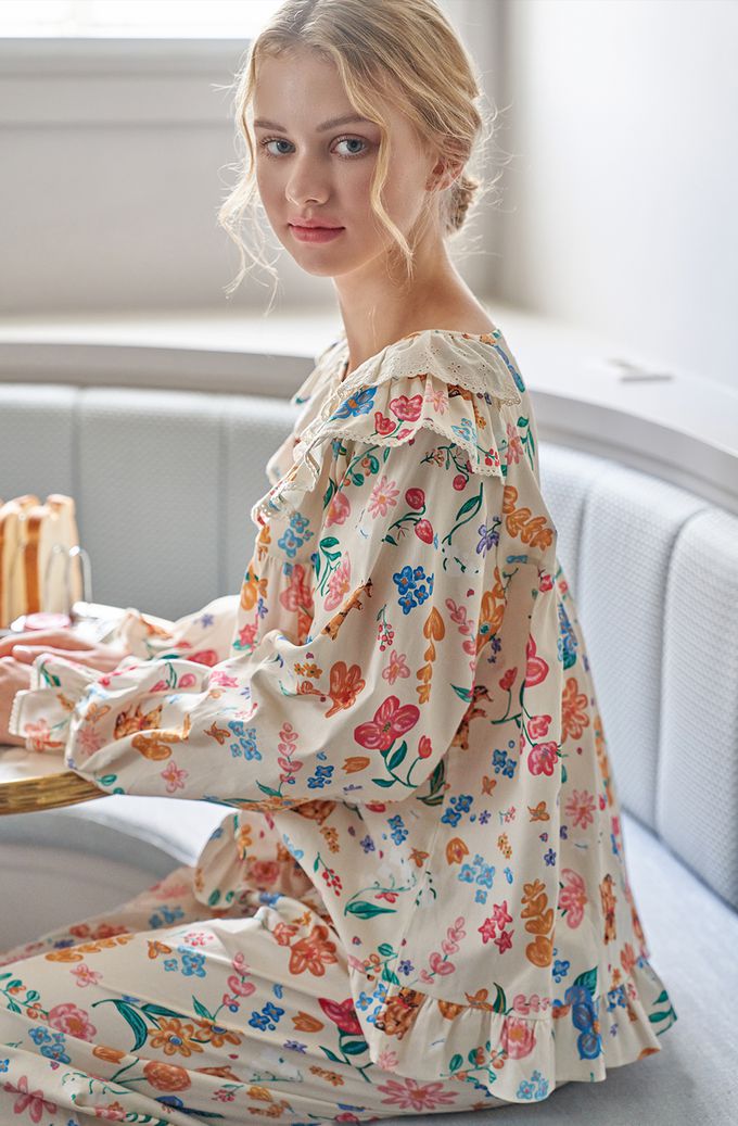 韓國 ULLALA - 童話熊花園荷葉領長袖睡衣套裝-淡黃 (FREE)