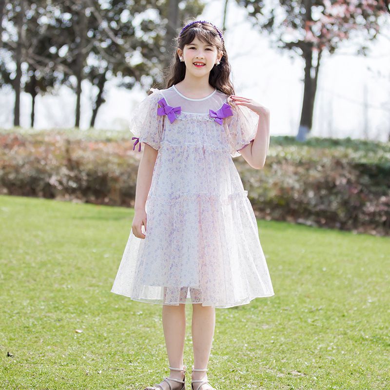 網紗泡泡袖蛋糕裙洋裝-滿版碎花-白+紫