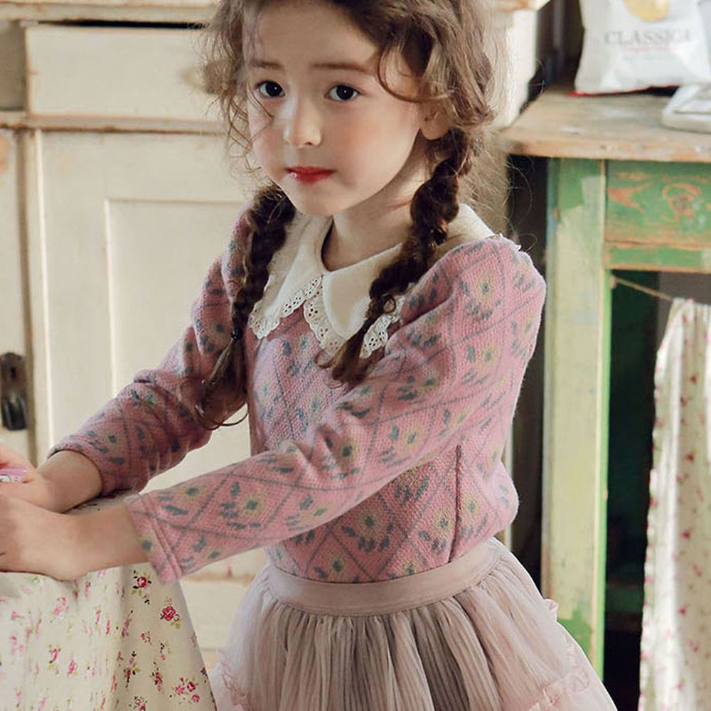 韓國 PuellaFLO - 菱格花朵公主袖針織上衣-粉紅