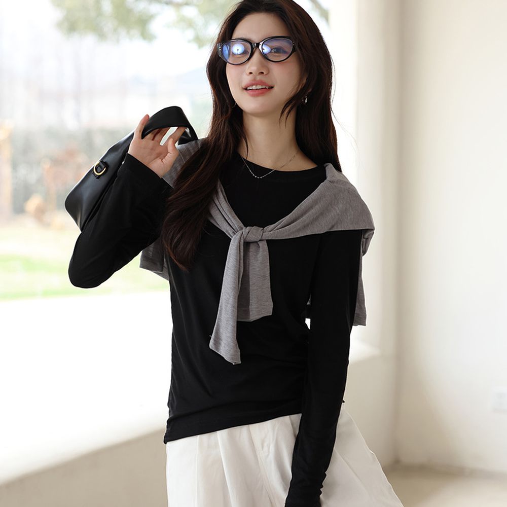 天絲萊塞爾微透膚針織長袖上衣-顯瘦黑 (F)