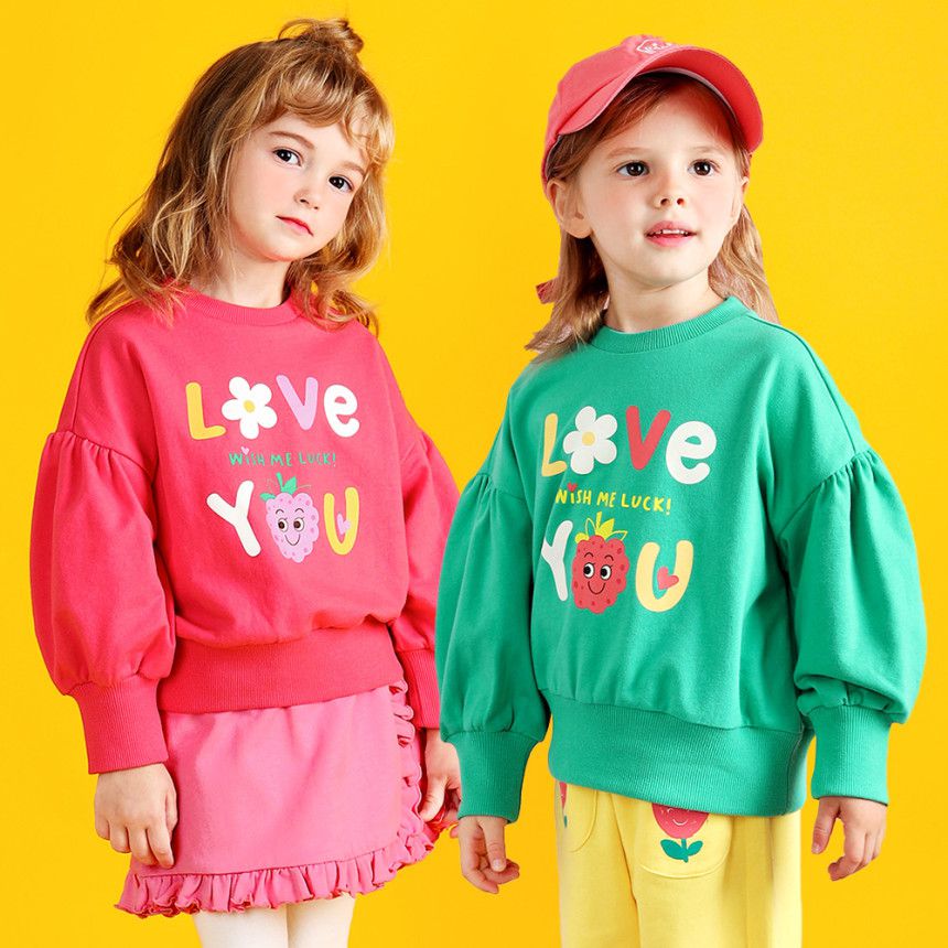 韓國 WALTON kids - LOVE野莓印花澎袖上衣-桃粉