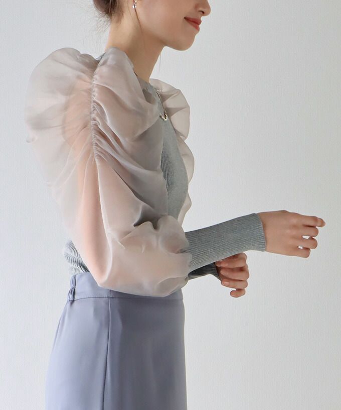 日本 BLUE EAST - 氣質薄紗抓皺長袖上衣-灰