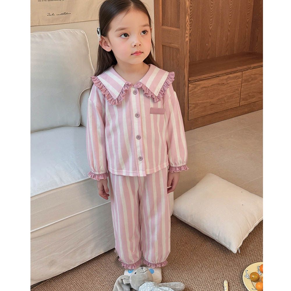 純棉森林系娃娃領長袖家居服套裝-粉杏條紋