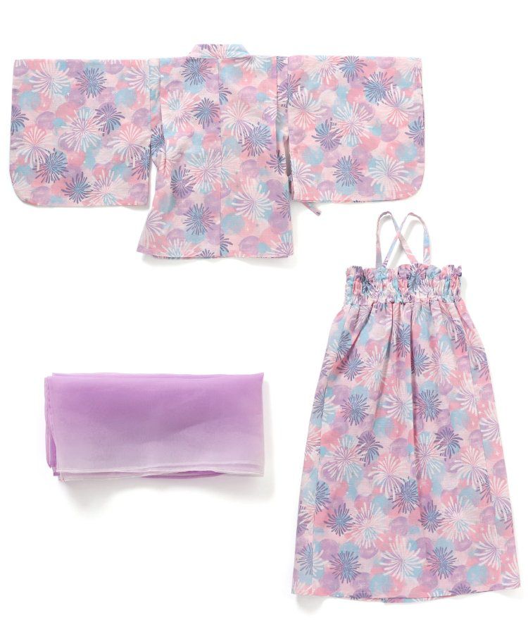 日本 apres les cours - 華麗腰帶風純棉二件式浴衣-椿花-紅藍條紋